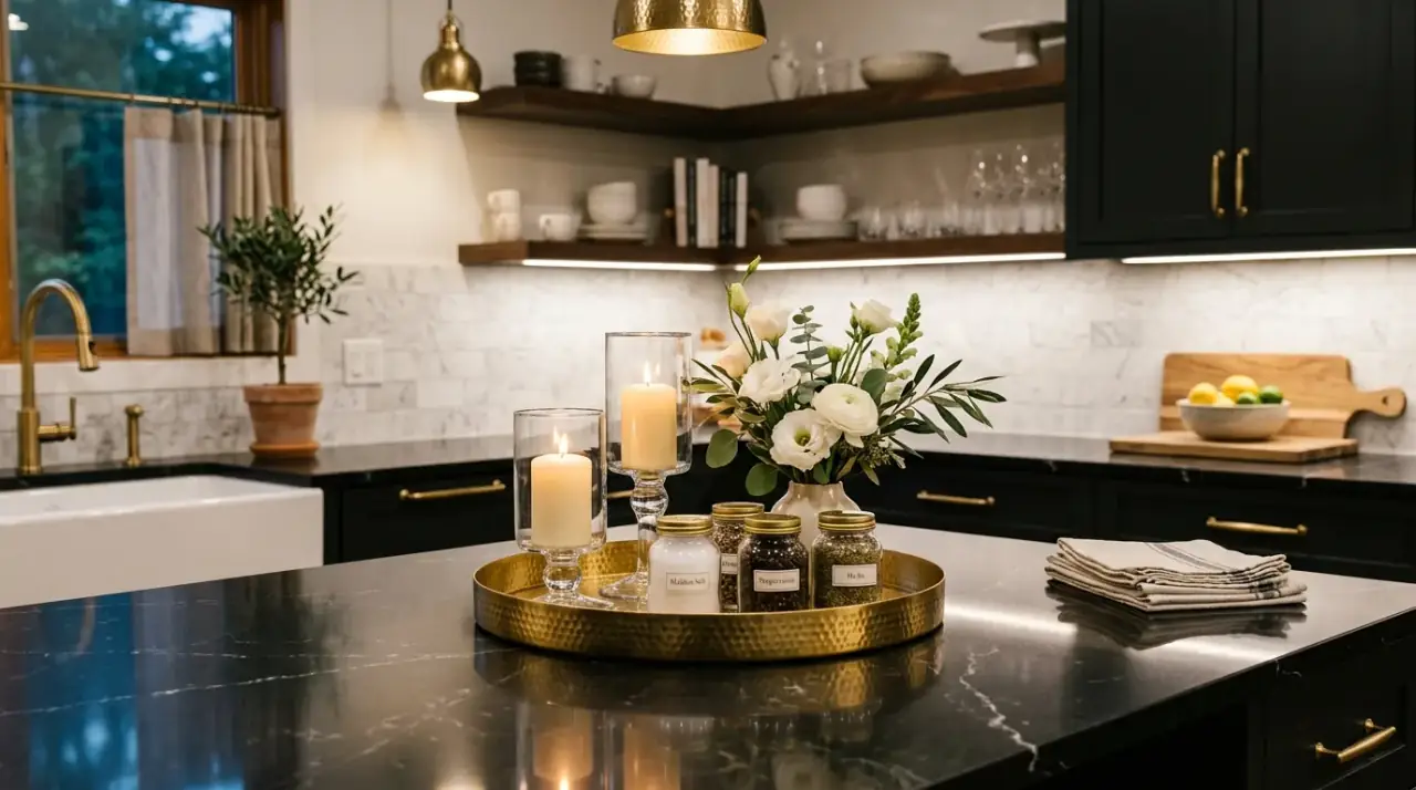 Cutting board counter styling. Warm layered boards adding texture and function to the countertop.