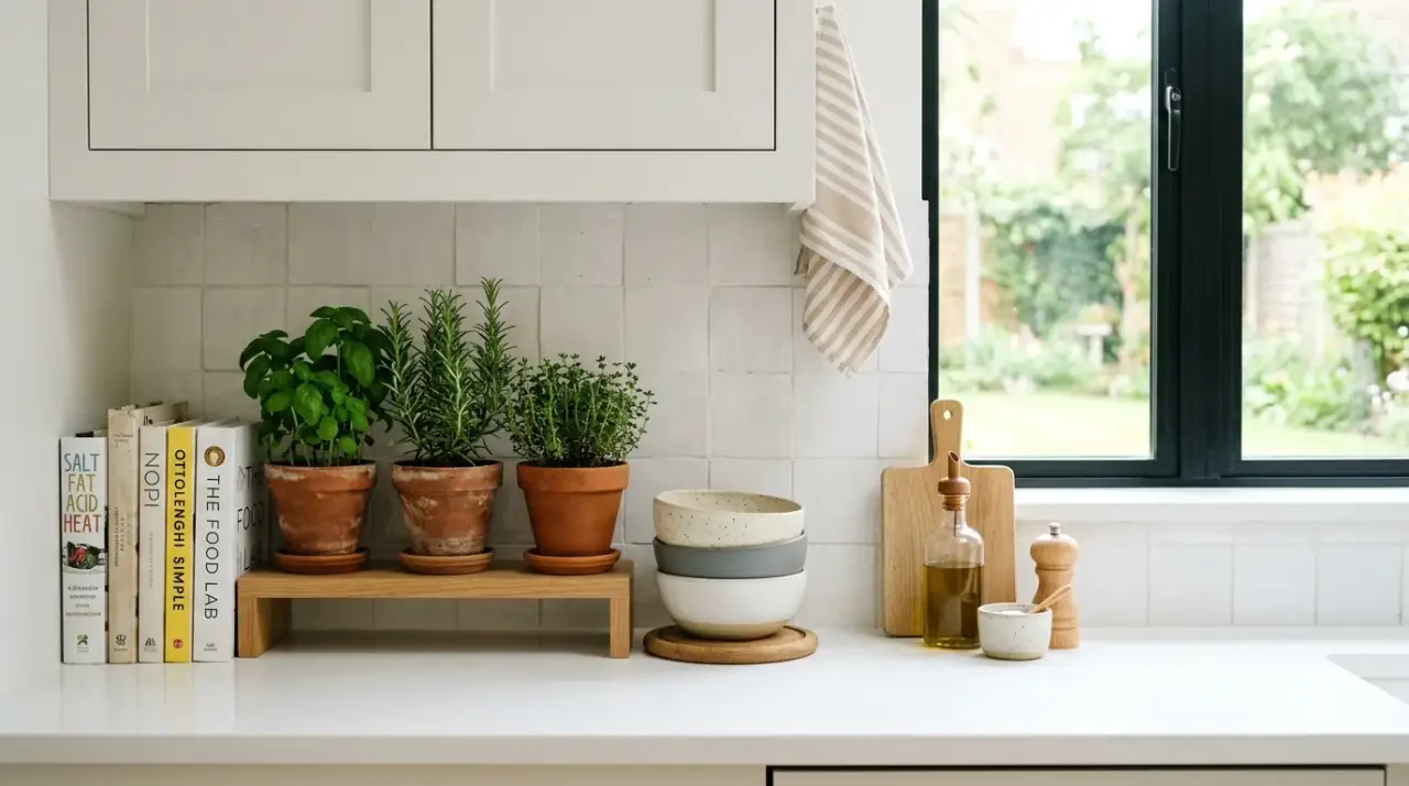 Utensil crock kitchen counter. Functional tool storage styled neatly on the kitchen countertop.