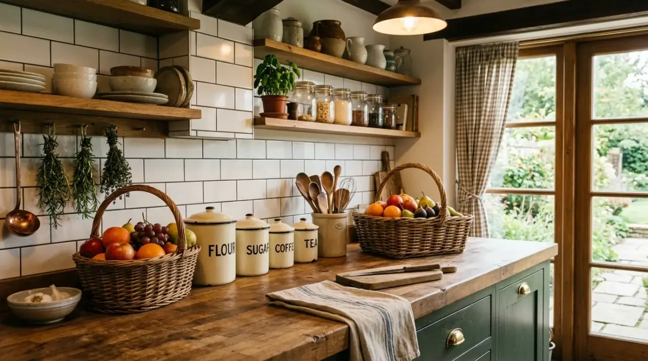 Grouped countertop styling. Functional item zones helping the kitchen counter look cleaner and calmer.