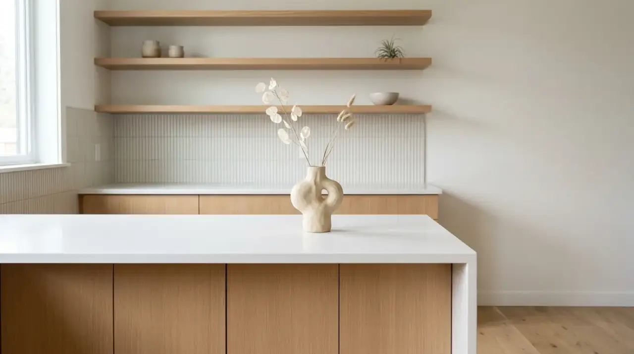 Glass jars on kitchen counter. Visible organized staples adding polish to a practical countertop setup.