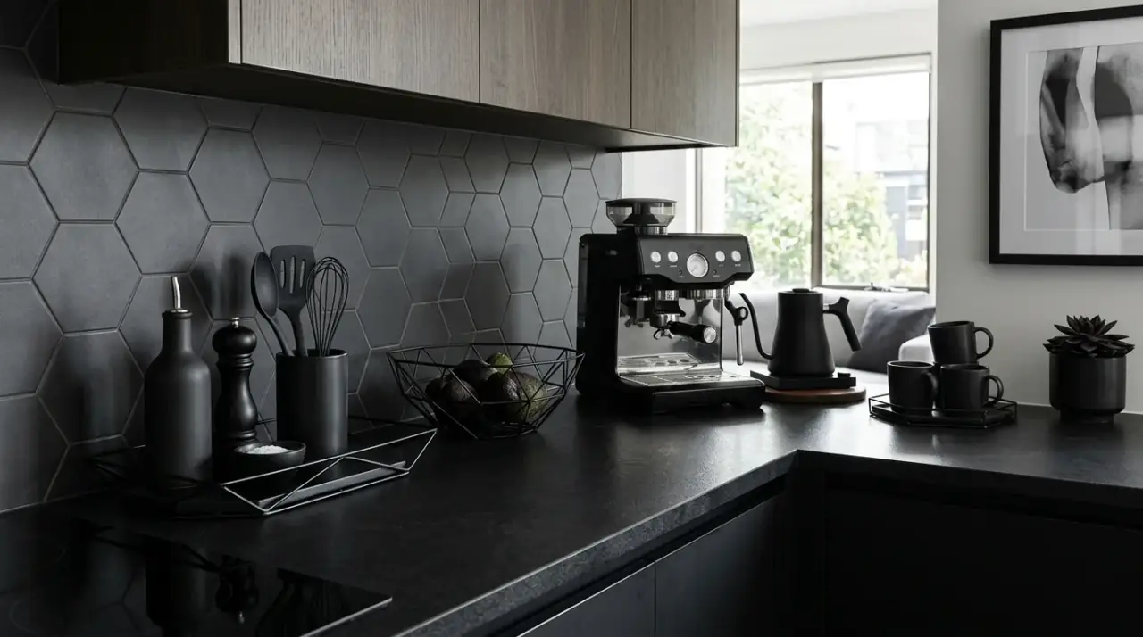 Coffee zone kitchen counter. Dedicated drink station keeping countertop styling functional and neat.