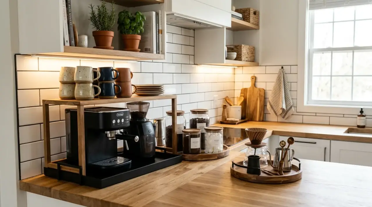 Layered height countertop styling. Vertical composition creating a more polished kitchen counter arrangement.