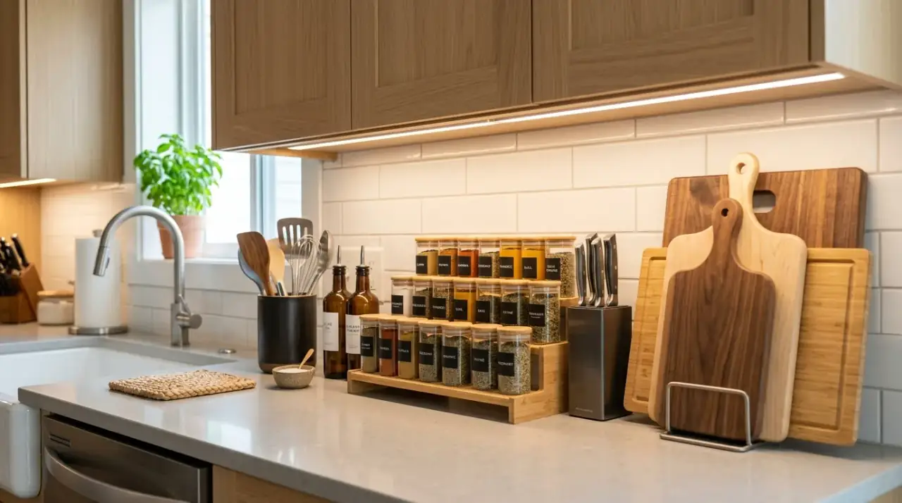 Lamp on kitchen counter. Warm accent lighting adding polish and comfort to the countertop.
