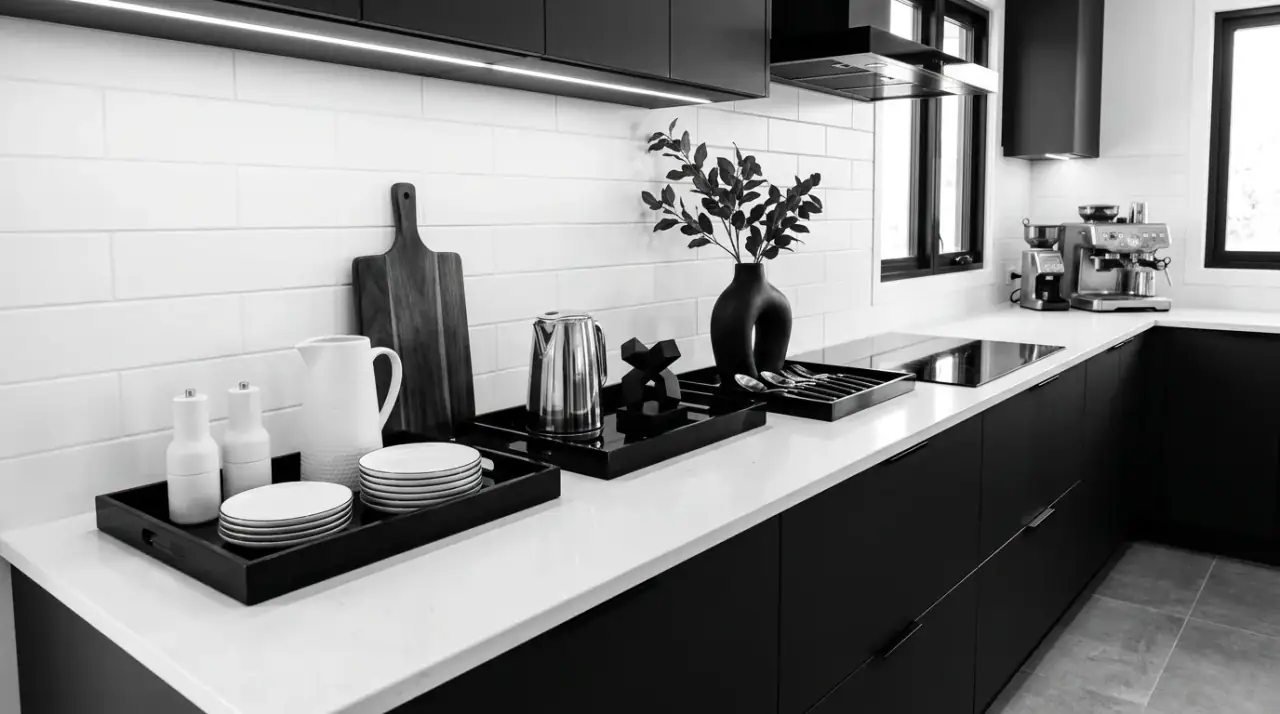 Edited kitchen counter styling. Carefully reduced countertop decor preserving beauty and function together.