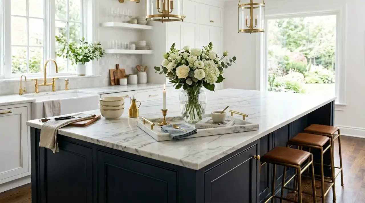 Styled kitchen island decor creating a beautiful centerpiece in the heart of the room.