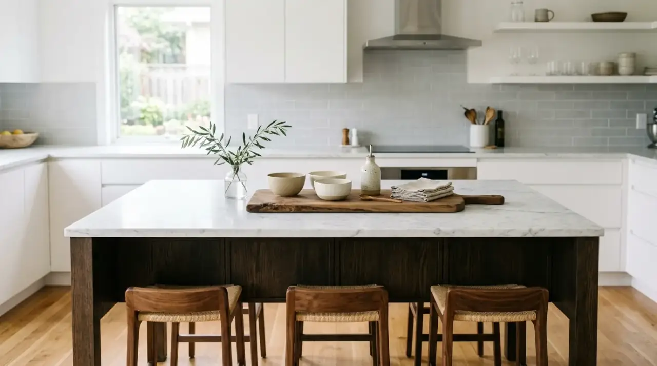 Tray styled kitchen island. Kitchen island decor arranged neatly on a tray for a cohesive look.