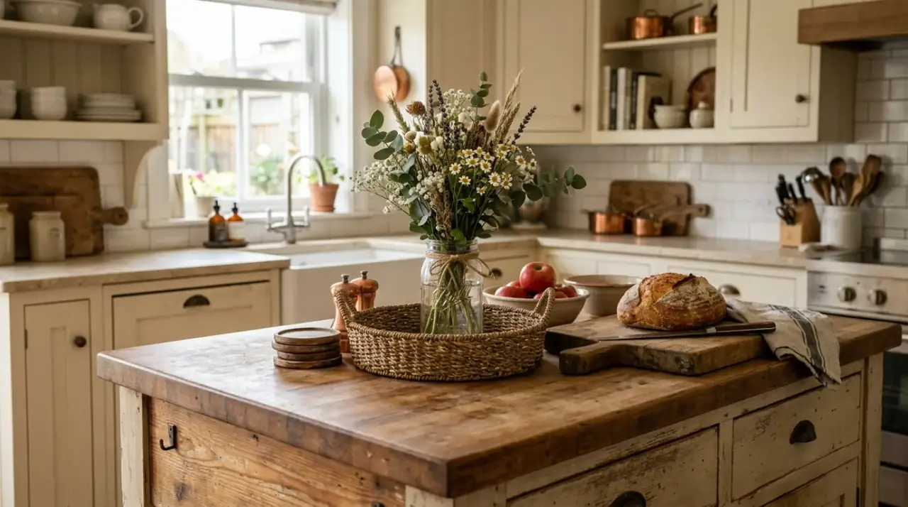 Flowers on kitchen island. Beautiful kitchen island centerpiece styled with fresh flowers or branches.