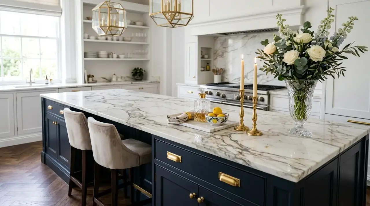 Fruit bowl kitchen island. Styled kitchen island with a fruit bowl as functional decor.