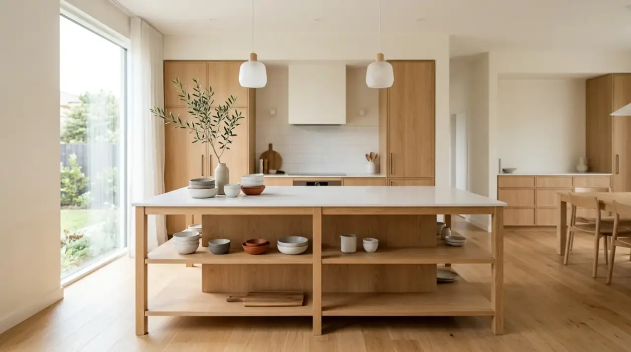 Candlesticks on kitchen island. Beautiful kitchen island decor including candlesticks for atmosphere.