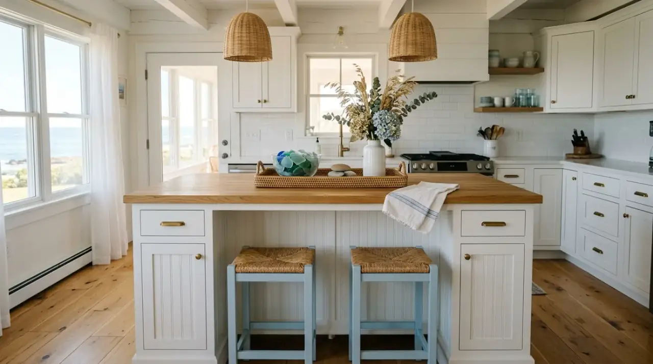 Open space on styled island. Kitchen island decor arranged with plenty of breathing room around it.