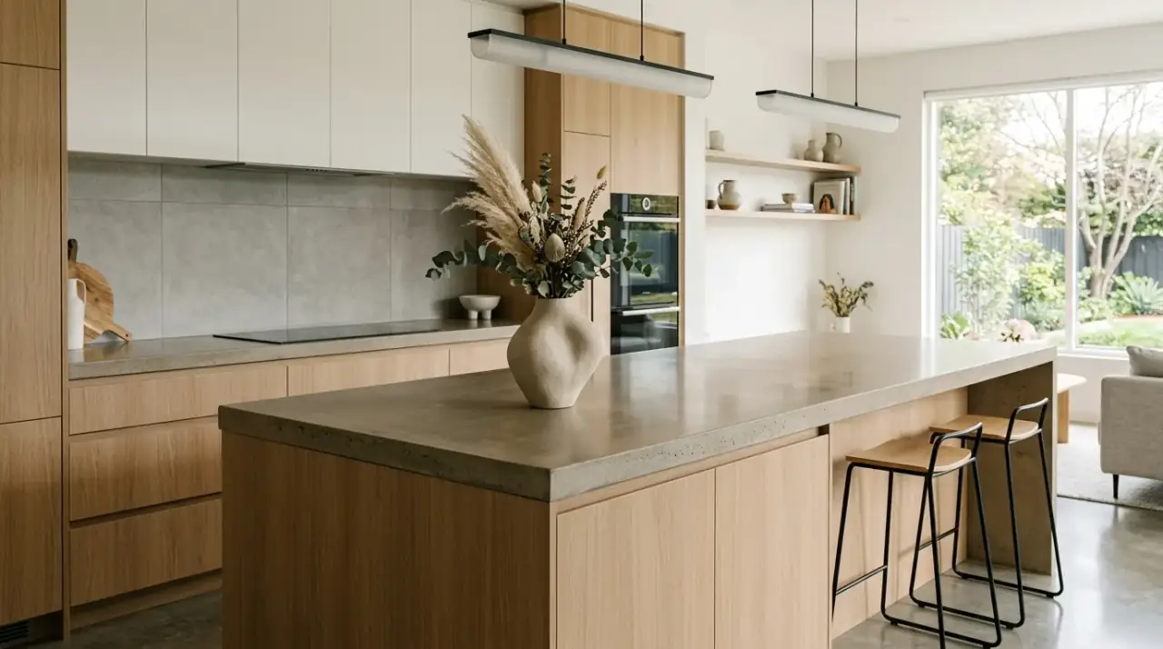 Coordinated kitchen island decor. Styled kitchen island using materials that match the rest of the room.