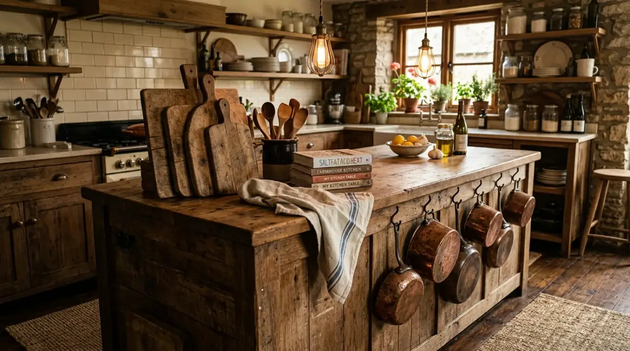 Seasonal kitchen island decor. Beautiful kitchen island styled with restrained seasonal accents.