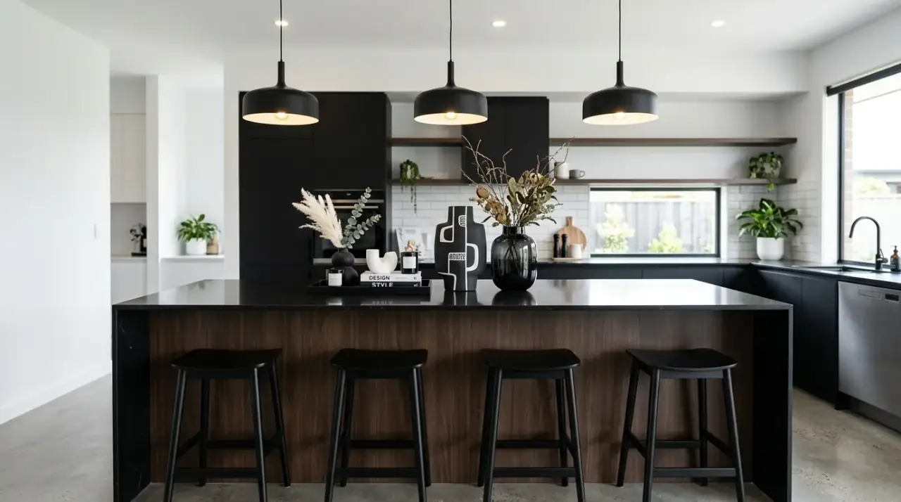 Greenery on kitchen island. Beautiful kitchen island centerpiece styled with fresh greenery.