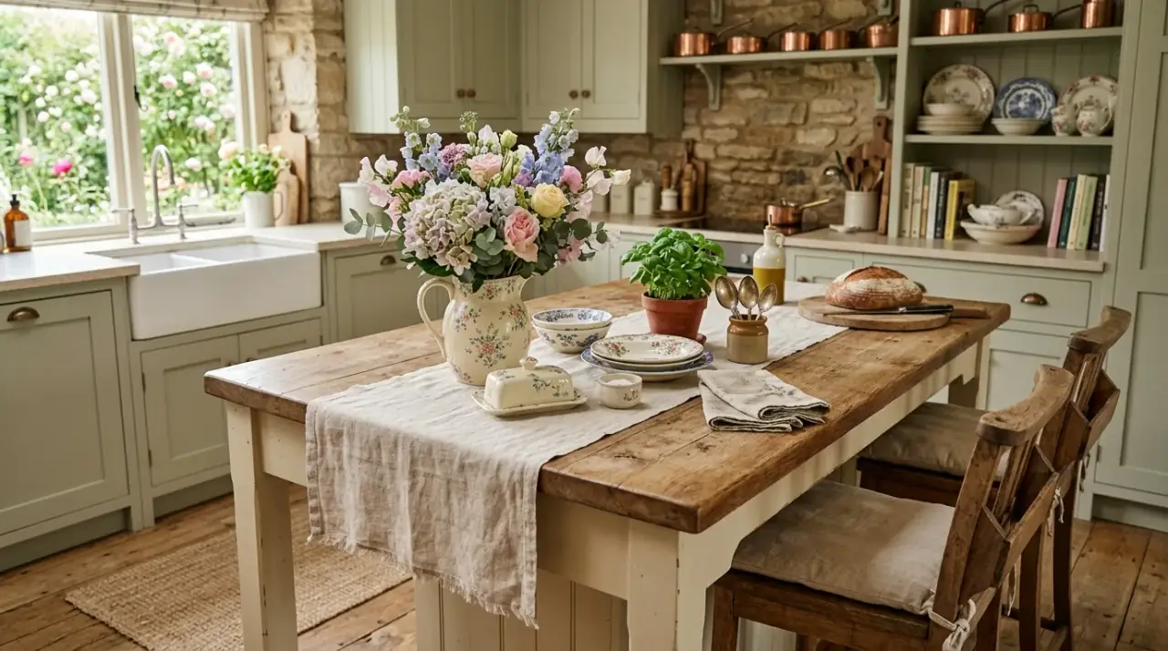 Scaled kitchen island decor. Styled kitchen island using decor scaled to the size of the surface.
