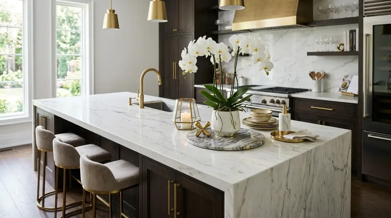 Pendant lighting over island decor. Beautiful kitchen island centerpiece framed by pendant lighting overhead.