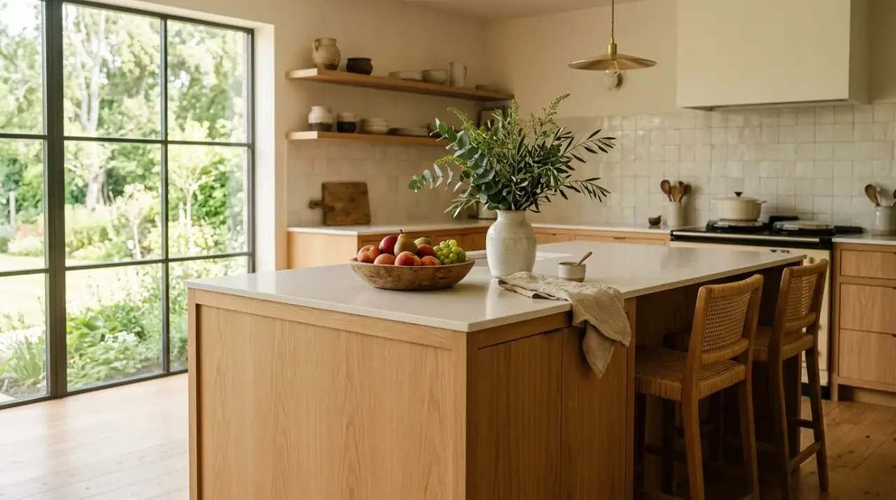 Movable kitchen island decor. Styled kitchen island decor arranged for easy everyday movement.