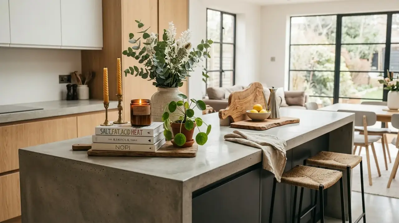 Kitchen island decor overview. Styled kitchen island creating a beautiful and welcoming centerpiece.