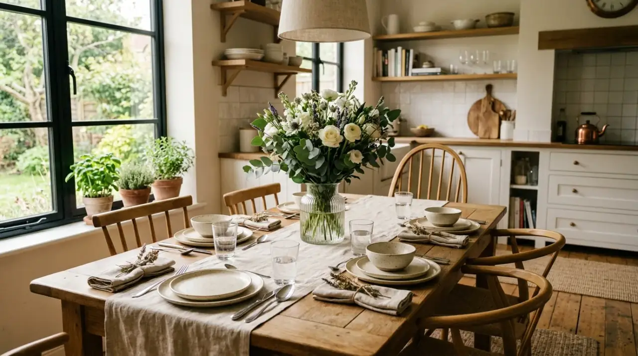 Styled kitchen table decor with flowers, textures, and practical centerpiece ideas for everyday beauty.