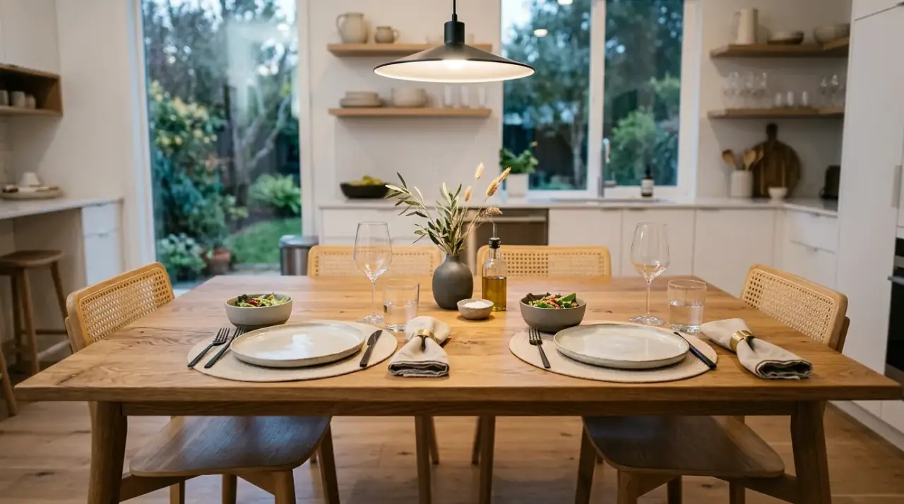 Low floral kitchen table. Everyday table decor using a low flower arrangement for easy visibility.