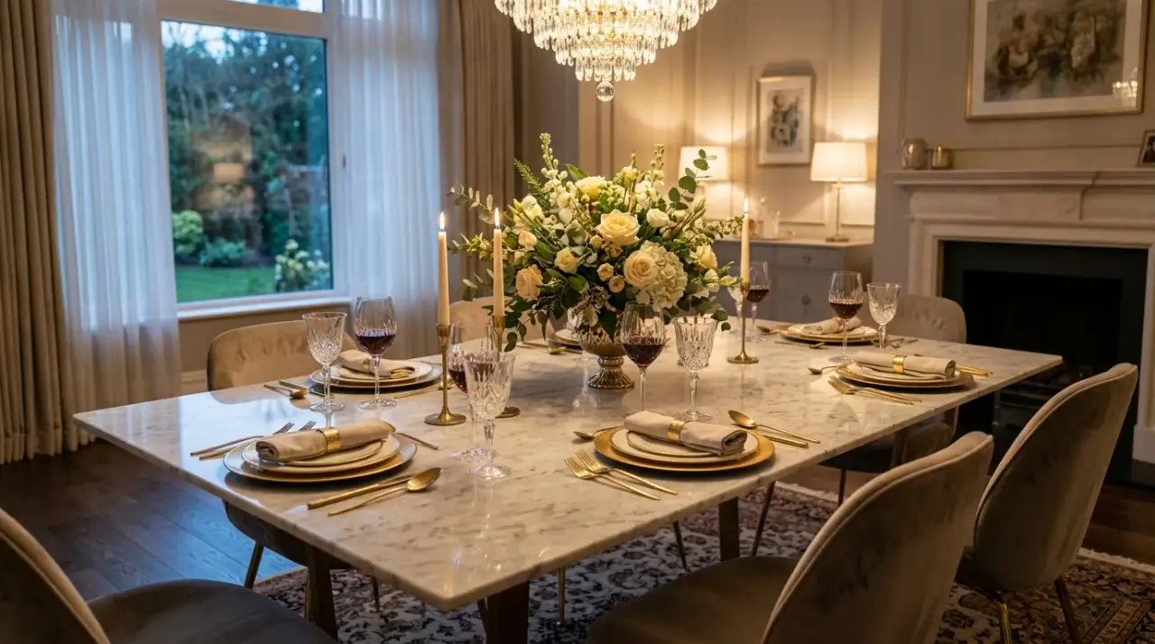 Linen kitchen table decor. Soft textile layers creating a more finished everyday table setting.