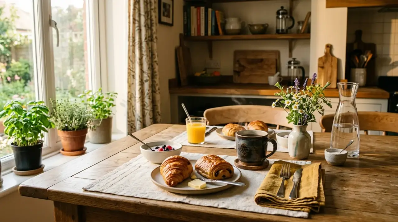 Flexible kitchen table decor. Easily movable centerpiece pieces keeping the table practical and attractive.