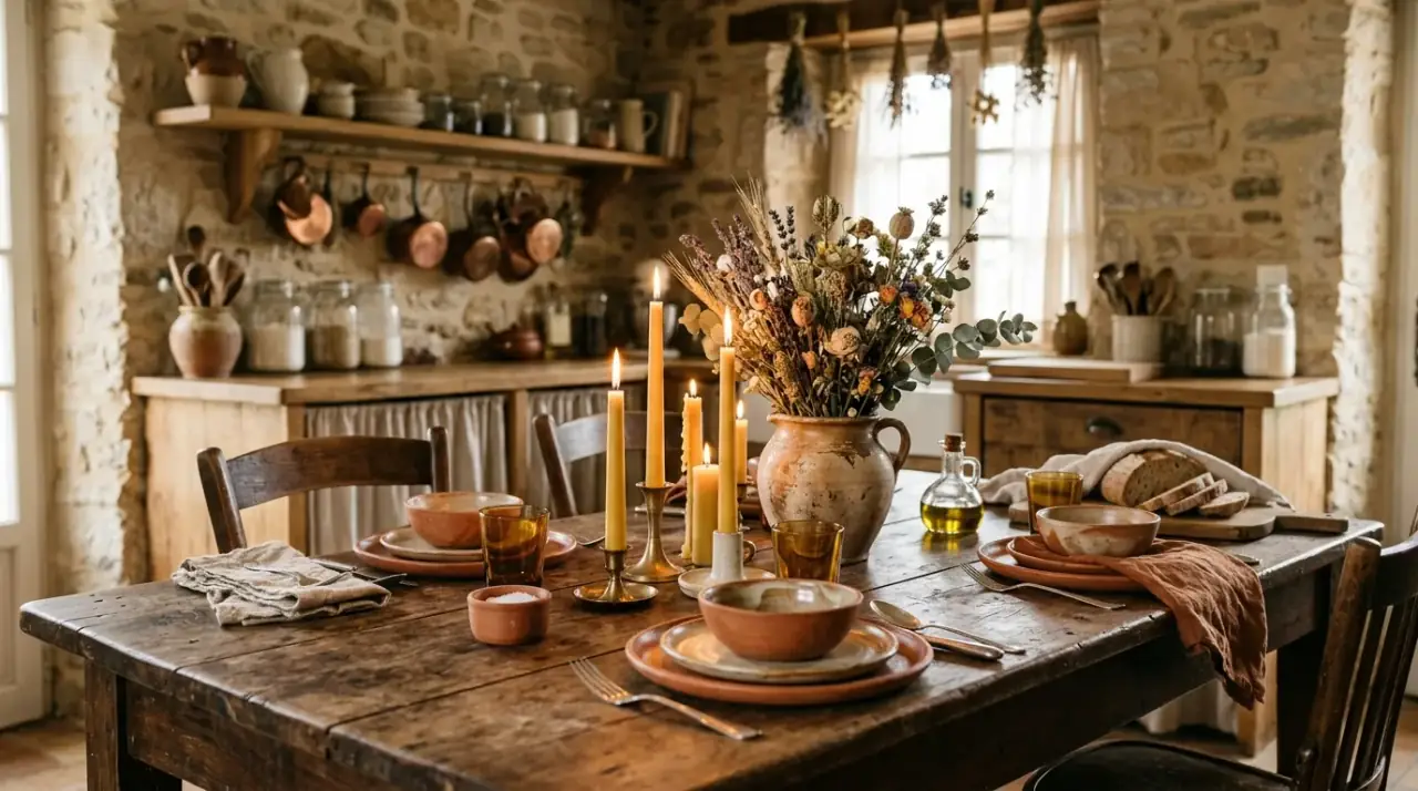 Coordinated kitchen table decor. Table styling that echoes the kitchen's main materials and finishes.