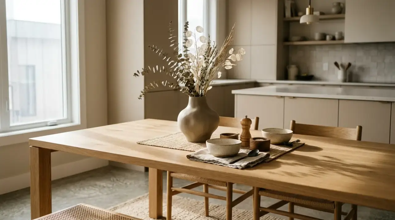 Seasonal stems kitchen table. Simple seasonal floral styling refreshing the kitchen table naturally.