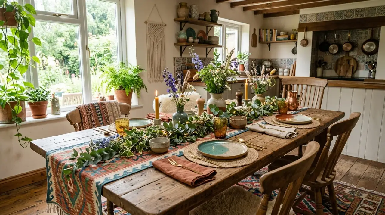 Height layering on kitchen table. Balanced centerpiece styling using varied heights instead of wide clutter.