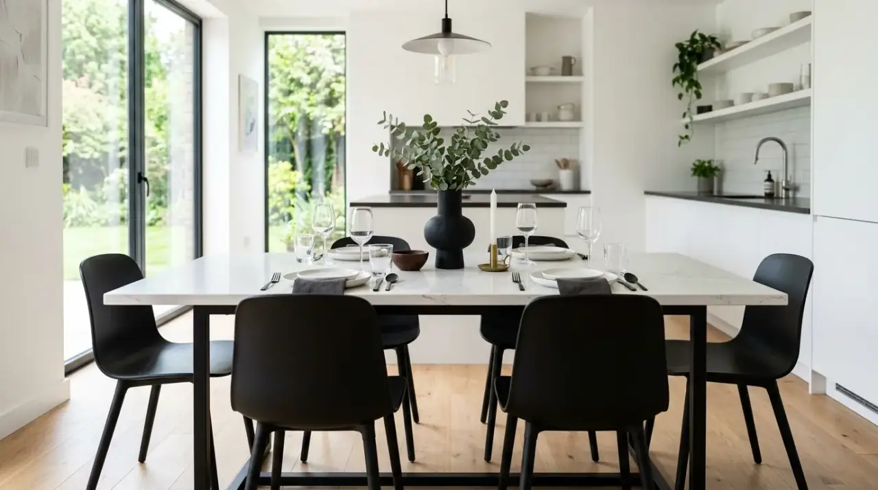 Lit kitchen table decor. Warm surrounding light enhancing everyday beauty at the kitchen table.