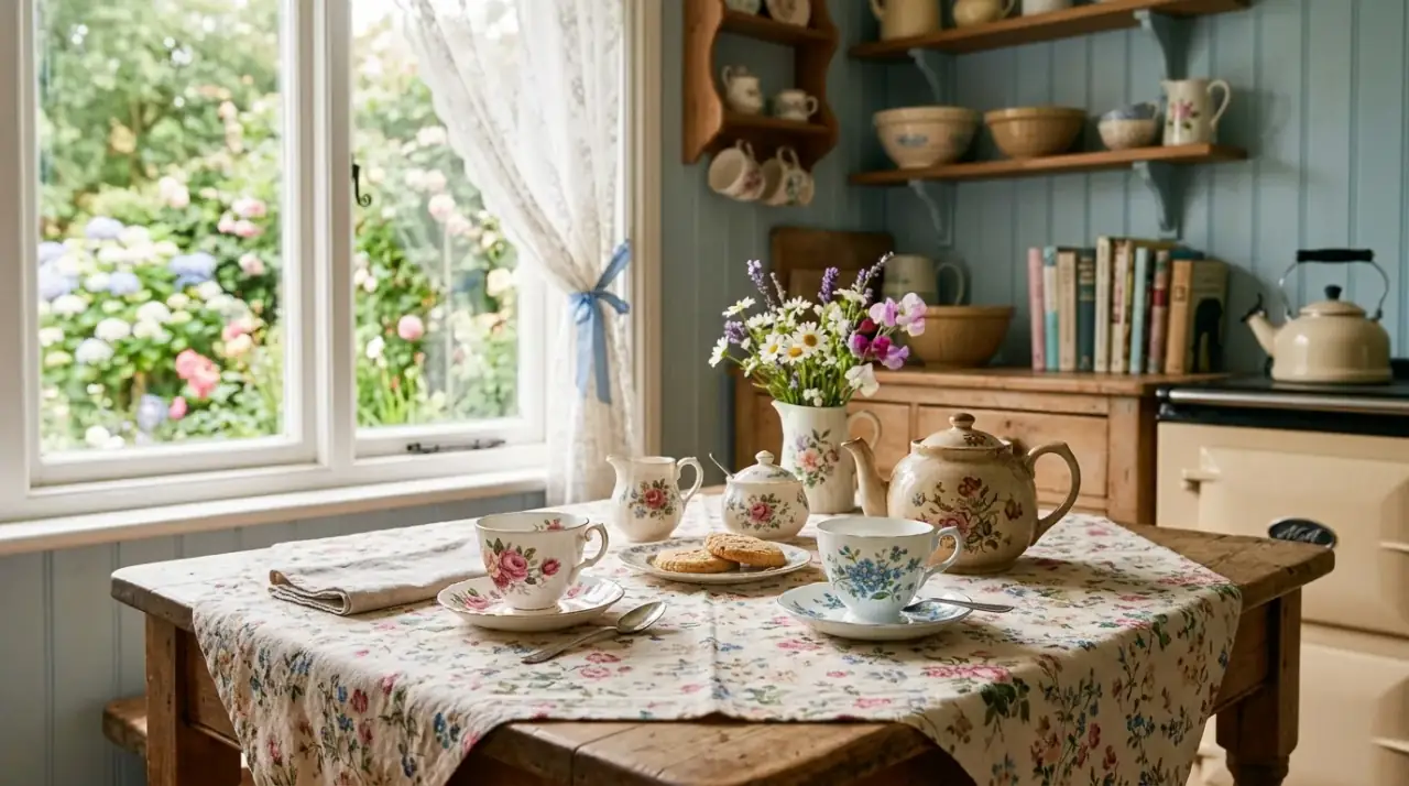 Pottery on kitchen table. Earthy ceramic pieces adding grounded style to a kitchen table.