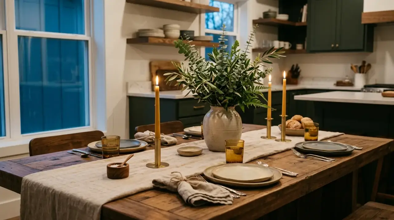 Kitchen table decor overview. Styled everyday kitchen table balancing beauty, warmth, and practical use.