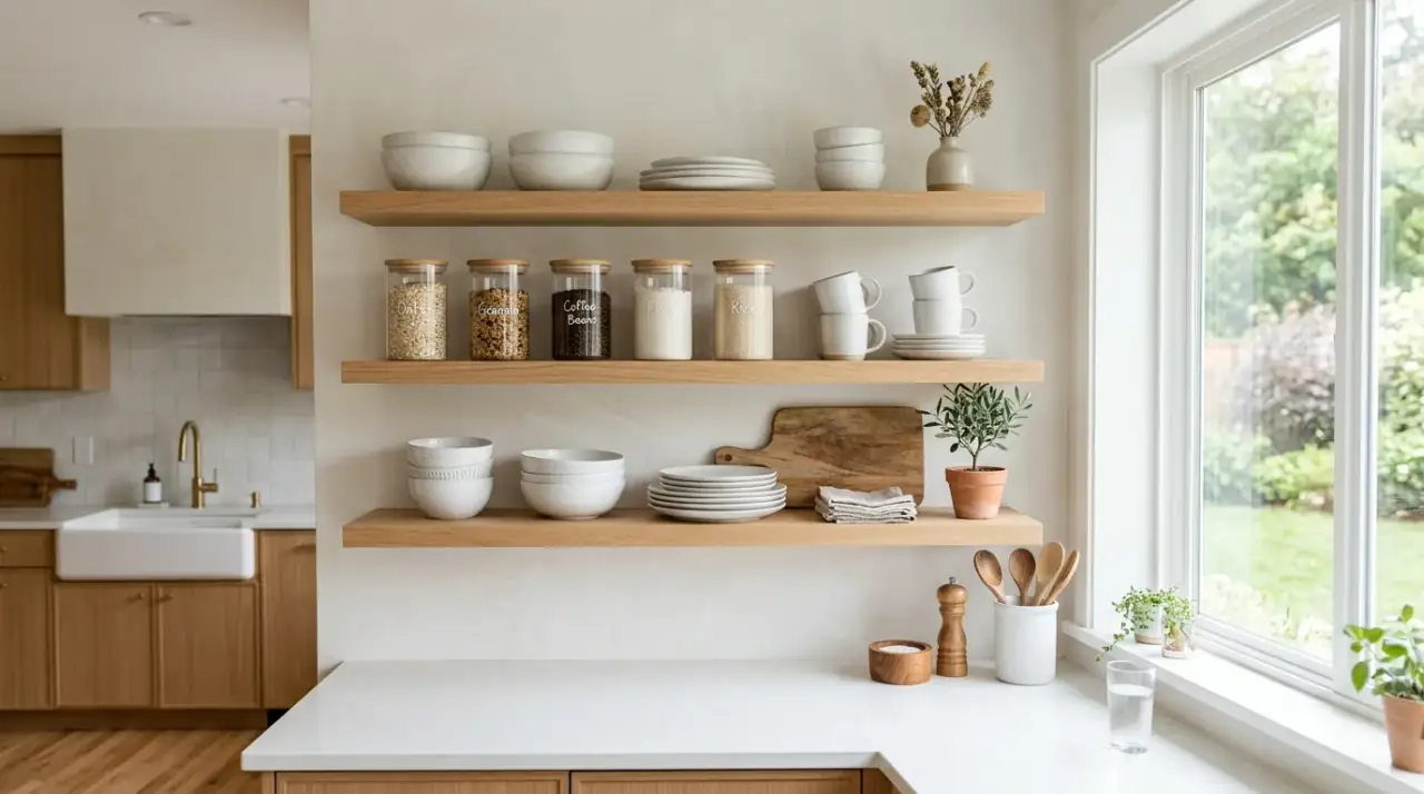 Styled open shelf kitchen organization creating beautiful storage with accessible display.