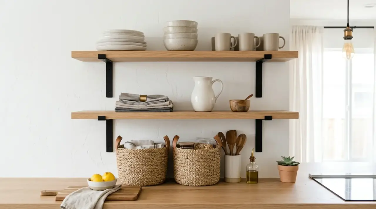 Cohesive open shelf palette. Styled kitchen shelves with a cohesive color palette for calm storage.