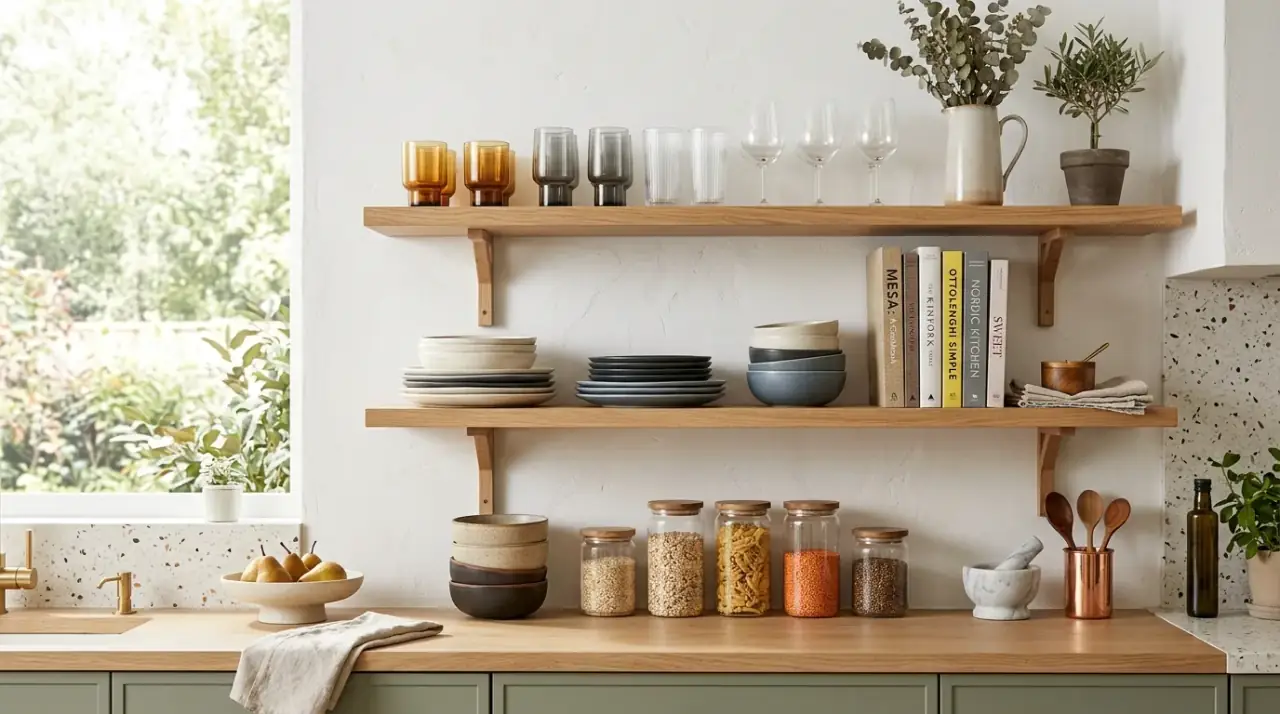 Open shelf rhythm styling. Beautiful storage on open shelves with mixed stacks and vertical pieces.
