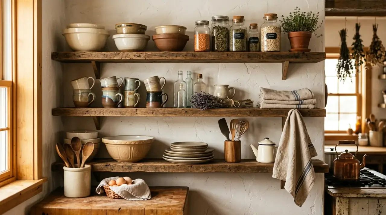 Minimal open shelf spacing. Styled kitchen open shelves with breathing room between storage groupings.