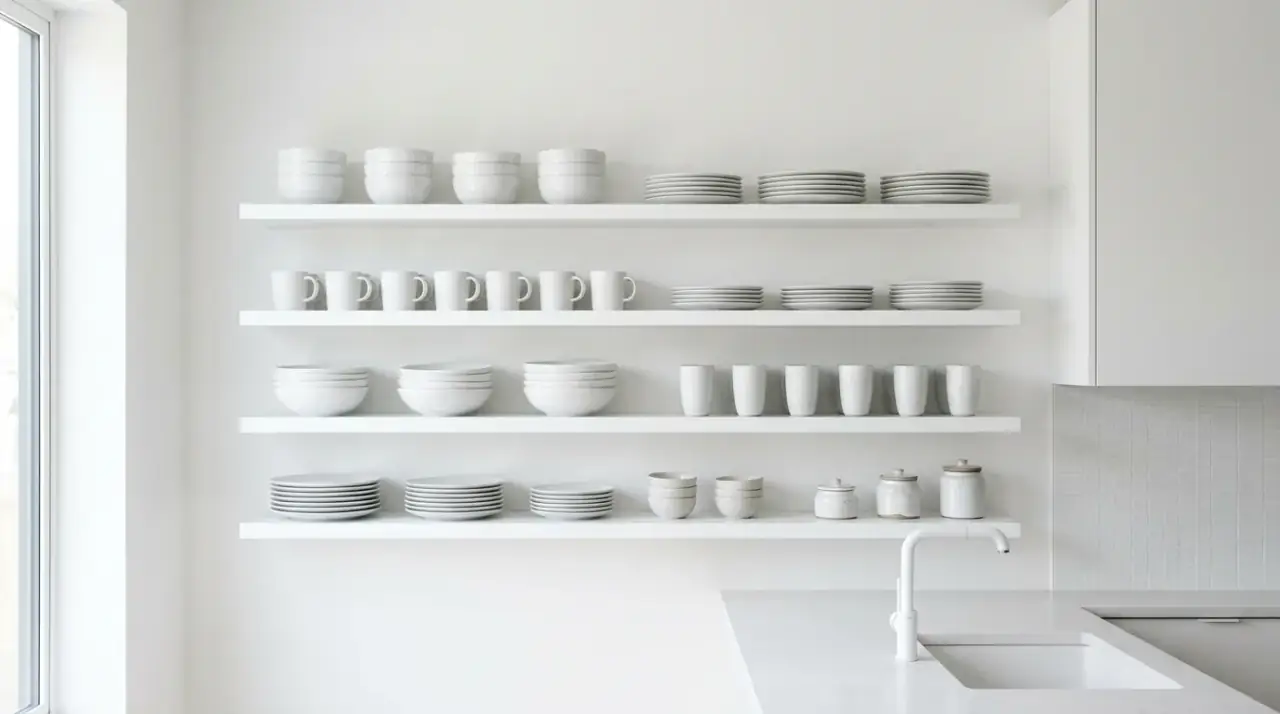 Matching jars on open shelves. Beautiful open shelf storage using coordinated pantry jars.