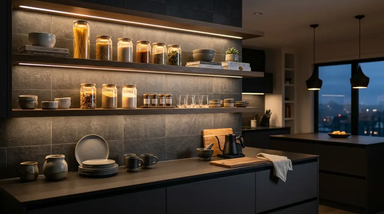 Wood and ceramic open shelves. Styled open shelf kitchen organization with warm wood and ceramic pieces.