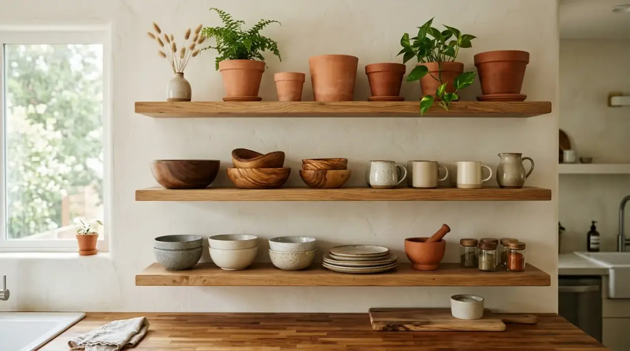 Lower open shelf organization. Beautiful open shelf storage with daily use items kept on the lowest shelf.