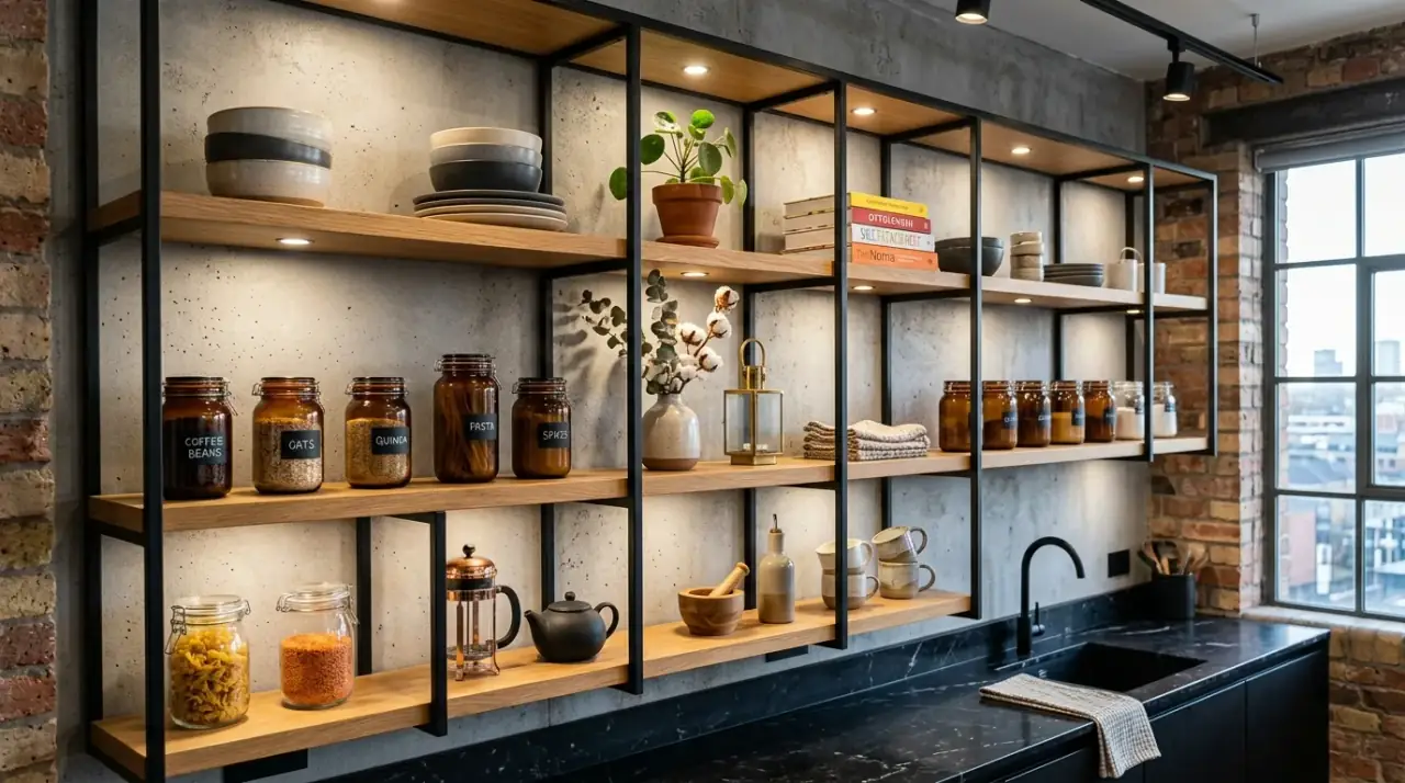 Decor on open kitchen shelves. Styled open shelves mixing useful storage with light decor.