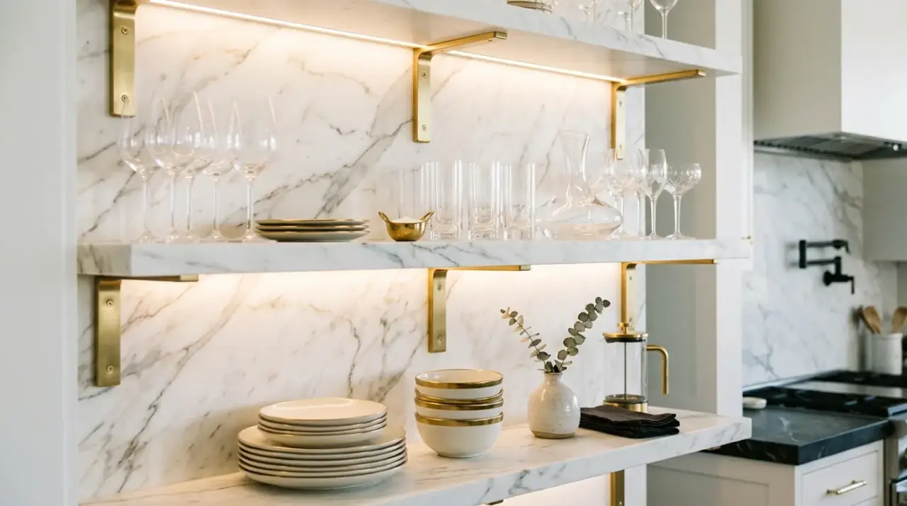 Seasonal open shelf styling. Styled open kitchen shelves refreshed with small seasonal changes.