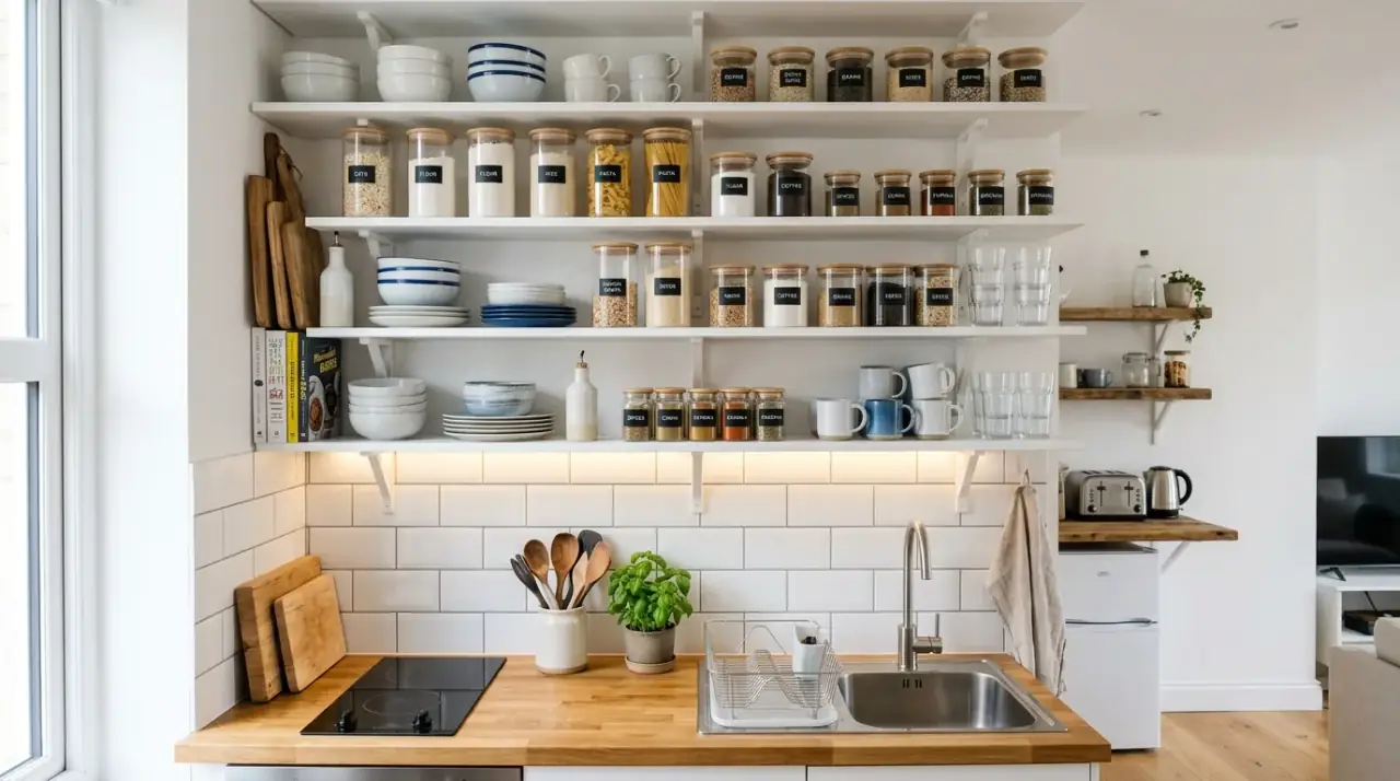 Edited open shelf storage. Beautiful kitchen shelves kept tidy by hiding less attractive supplies.