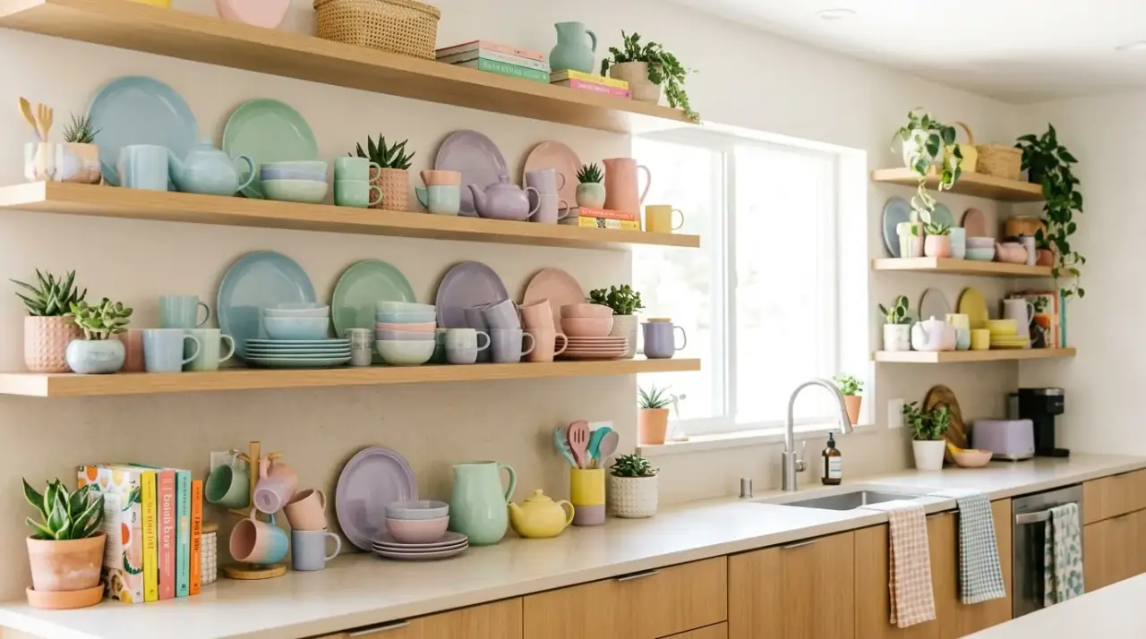 Clean open kitchen shelves. Styled open shelf organization maintained through regular cleaning.