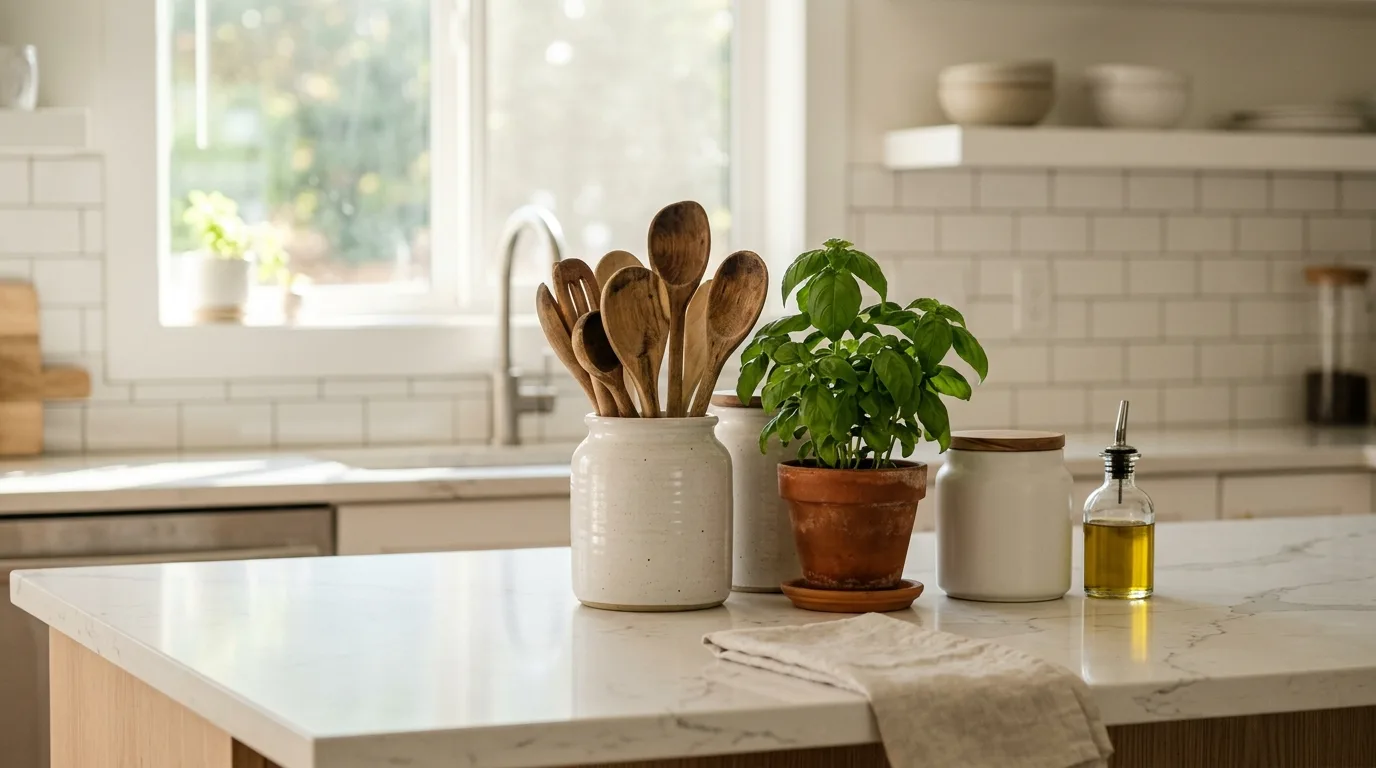 Minimal kitchen counter styled with ceramic jars, basil plant, and soft morning sunlight.