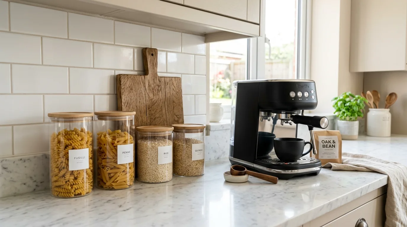 Marble kitchen counter with canisters and coffee machine. Glass jars, wood cutting board, matte black coffee machine, and soft beige tones.