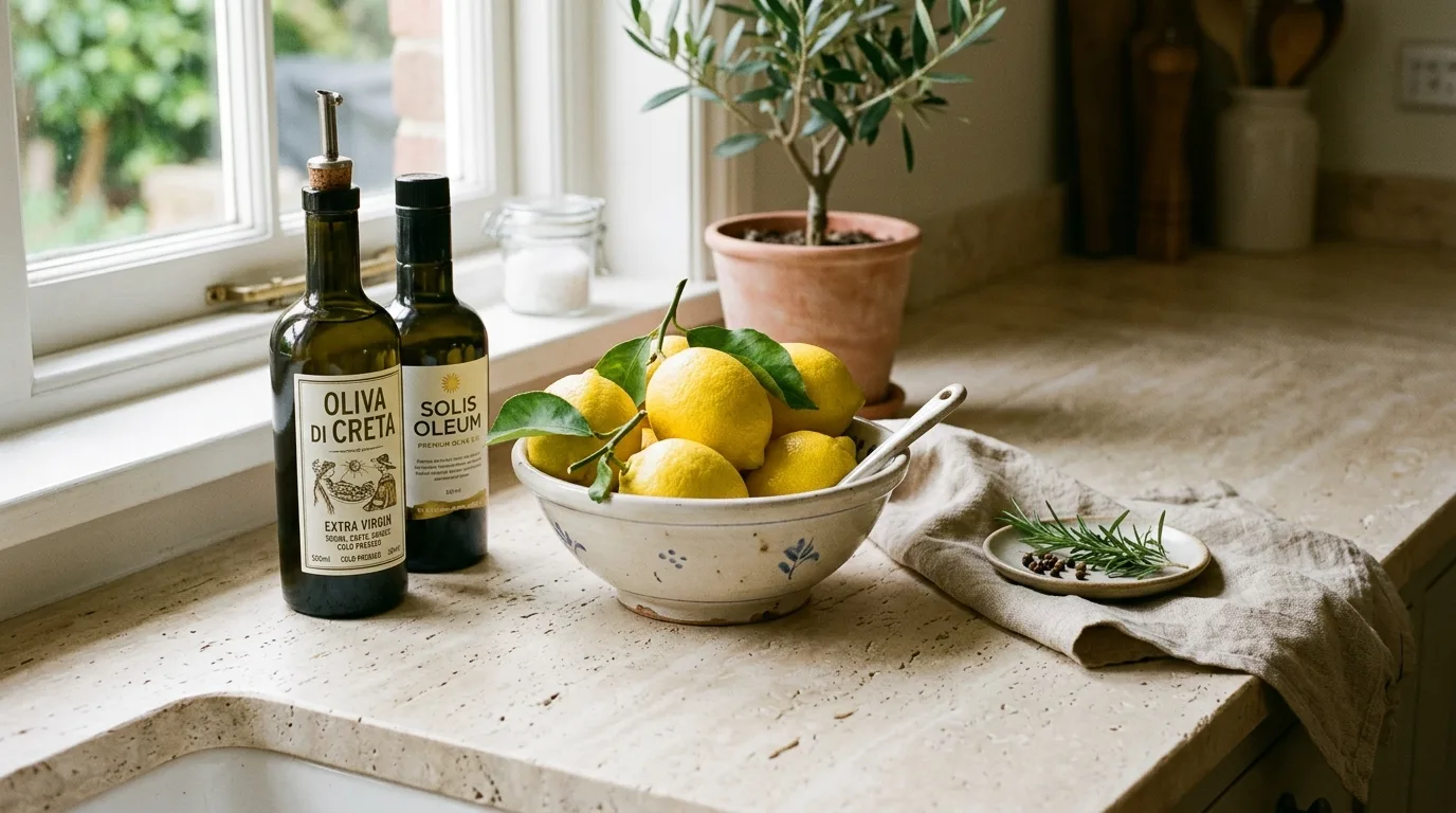 Light stone kitchen counter with lemons and olive oil bottles. Ceramic bowl, linen napkin, and Mediterranean-inspired styling.