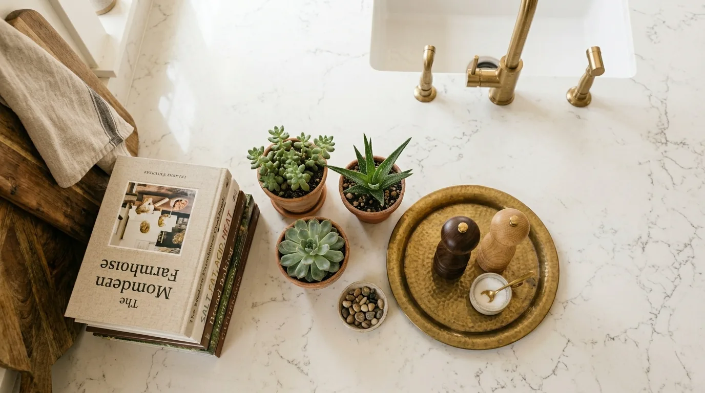 White quartz counter with cookbooks and succulents. Brass tray, salt and pepper mills, and warm sunlight.