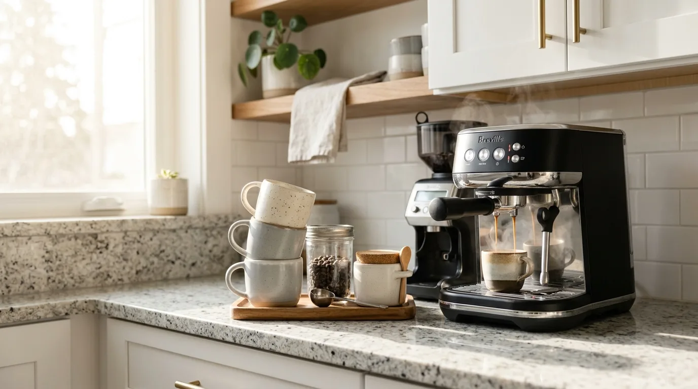 Granite kitchen counter with minimalist coffee station. Espresso machine, ceramic mugs, sugar jar, and morning sunlight.