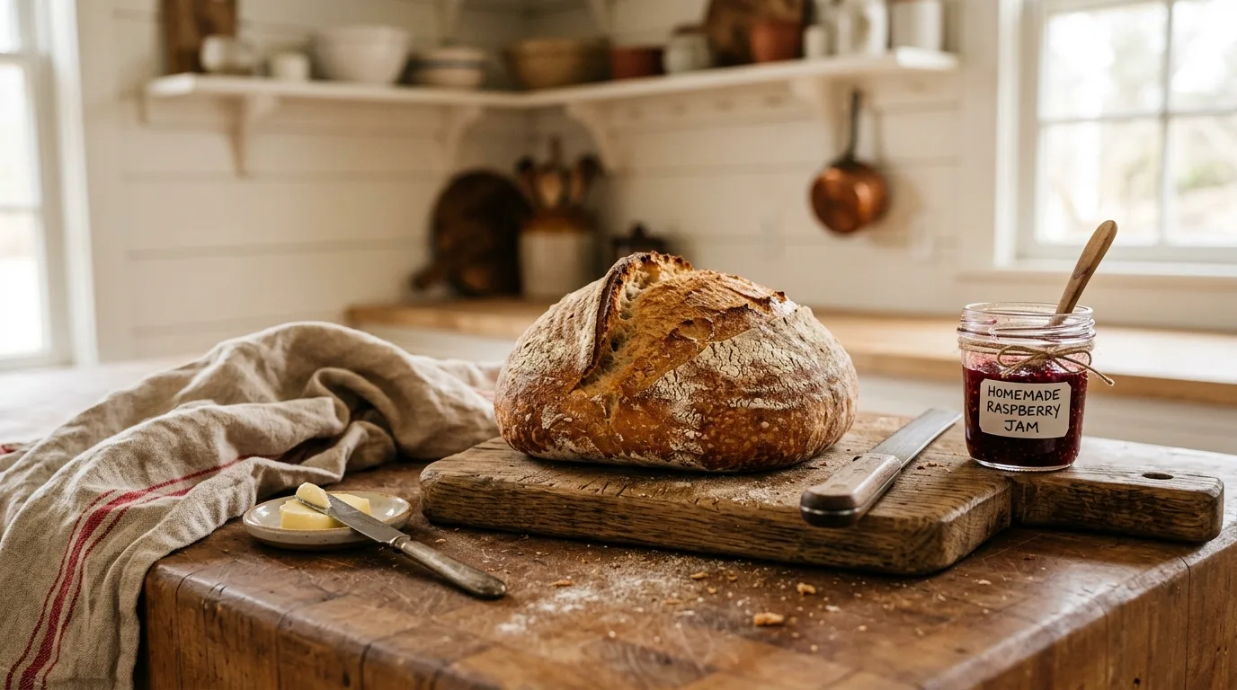 Wooden butcher block counter with bread and jam. Cutting board, linen cloth, and warm farmhouse lighting.