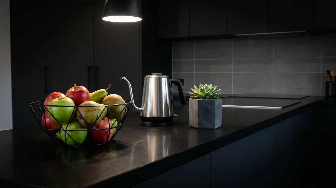 Sleek black kitchen counter with fruit bowl and kettle. Apples, pears, green plant, and dramatic modern lighting.