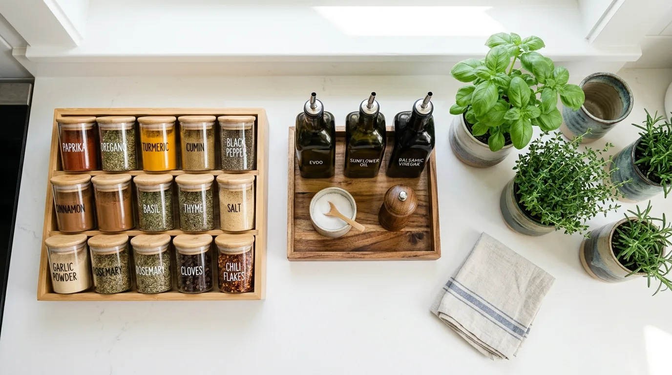 Bright white kitchen counter with spice jars and herbs. Wooden tray with oils, ceramic pots, and soft daylight.
